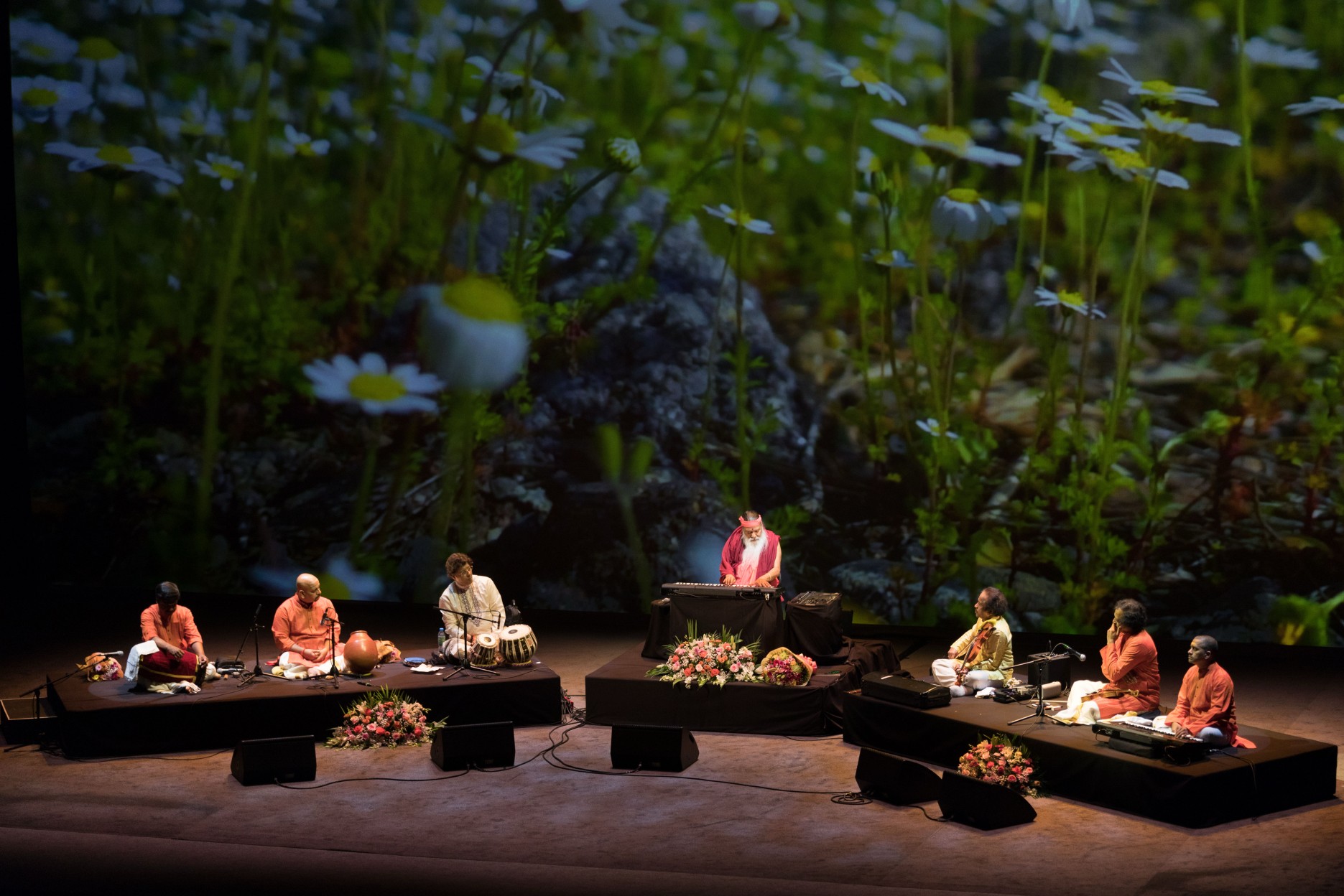 Healing Music Experience — Sri Swamiji with ensemble, meadow backdrop